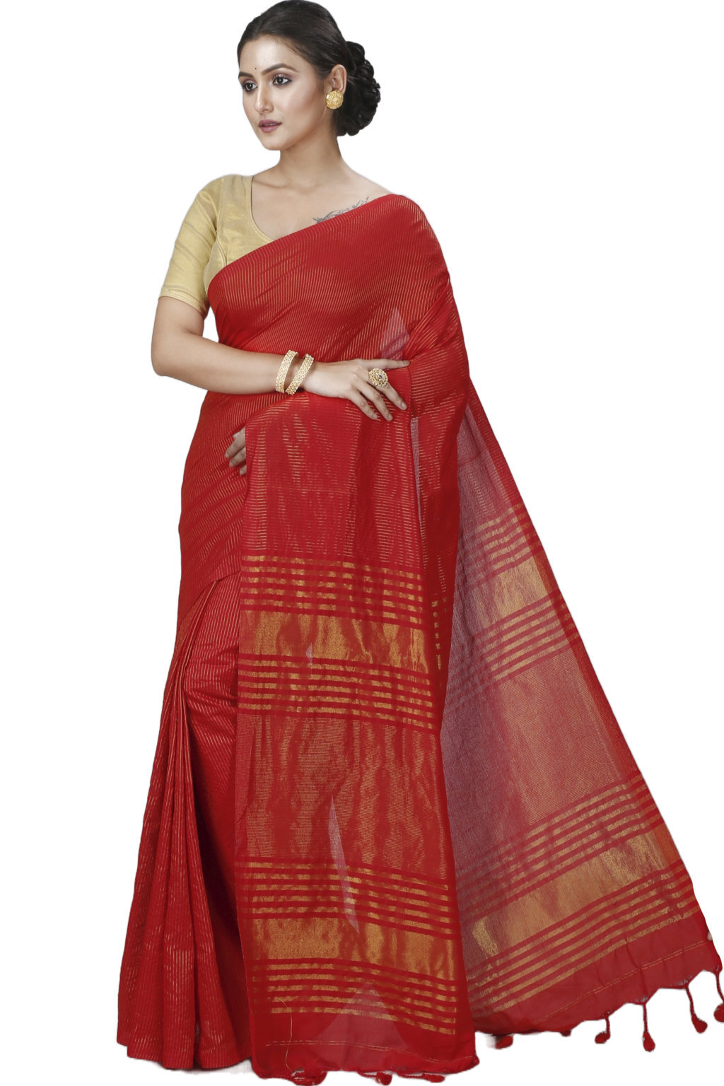 Red Blended Cotton Tama Hand Loom Saree (1206)